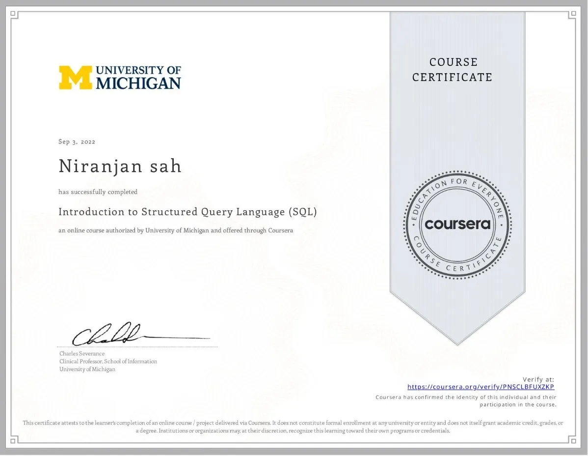 Introduction to Structured Query Language (SQL) certificate